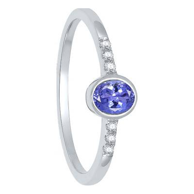 375/1000 White Gold Tanzanite & Diamond Side-Stone Solitaire Ring - Aurora