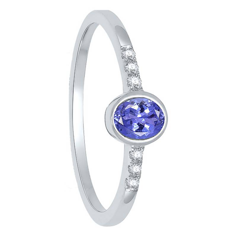 375/1000 White Gold Tanzanite & Diamond Side-Stone Solitaire Ring - Aurora