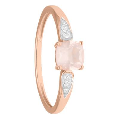 Bague Or Rose 375, Quartz Rose & Diamants 0,04 ct - Aurora