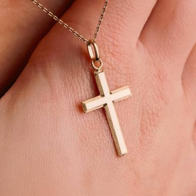 750 Yellow Gold Beveled-Edge Cross, 14 x 24 mm - Emanessence