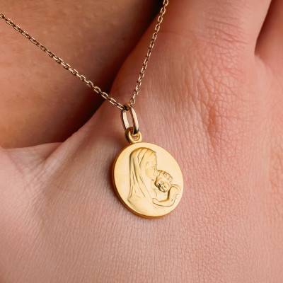 750/1000 Yellow Gold Round Virgin and Child Medal, 15 mm or 17 mm Diameter - Emanessence