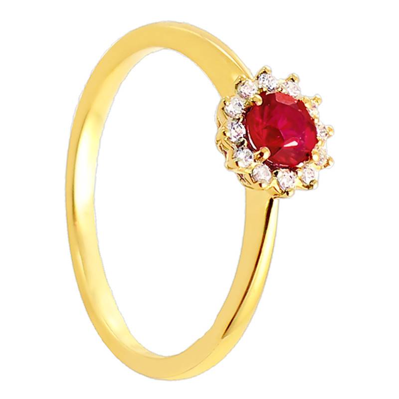750/1000 Yellow Gold Daisy Flower Ring with 0.32 ct Ruby & 0.08 ct Diamond Halo - Diamond Lady