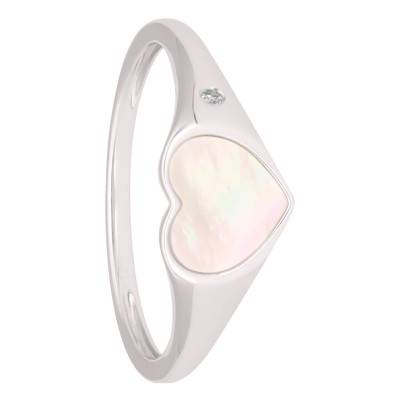 Chevalière Coeur Nacre Rose & Diamant en Or Blanc 750 - Aurora