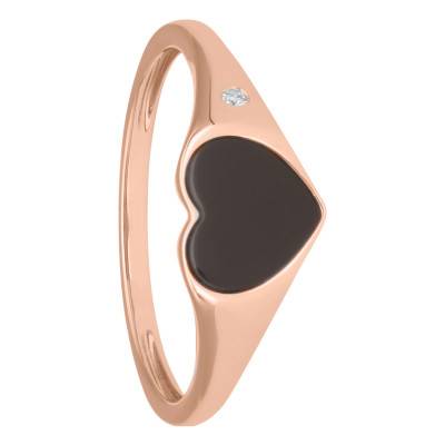 Chevalière Coeur Onyx Noir & Diamant en Or Rose 750 - Aurora