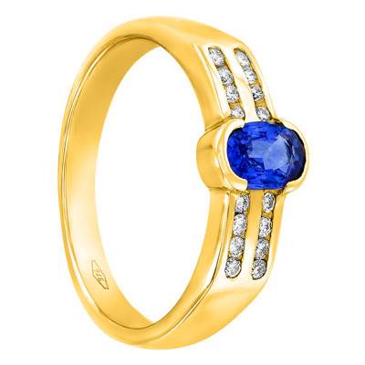 750 Yellow Gold Accompanied Double-Row Solitaire Ring with 0,20 ct Diamonds and 0,59 ct Ceylon Sapphire - Aurora
