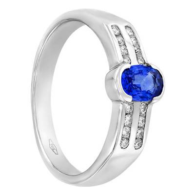 Bague Or Blanc 750, Saphir Ceylan 0,59 ct, Diamants 0,20 ct - Aurora