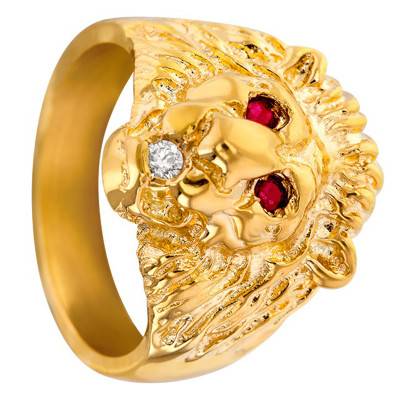375/1000 Yellow Gold Ruby & Diamond Lion Signet Ring - Imperium