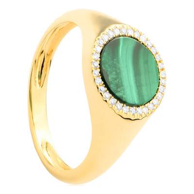 Chevalière Ovale Malachite Verte 1,46 ct & Diamants 0,10 ct en Or Jaune 750 - Aurora