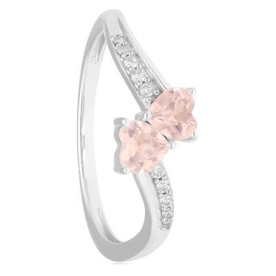 Bague Coeurs Double en Or Blanc 375, Quartz Rose & Diamants 0,05 ct - Aurora