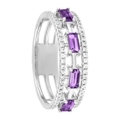 Bague Triple Anneaux Améthyste, Diamants & Or Blanc 375 - Aurora