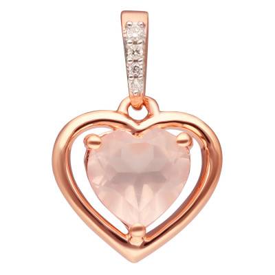 Pendentif Coeur en Or Rose 375, Quartz Rose & Diamants 0,01 ct - Aurora