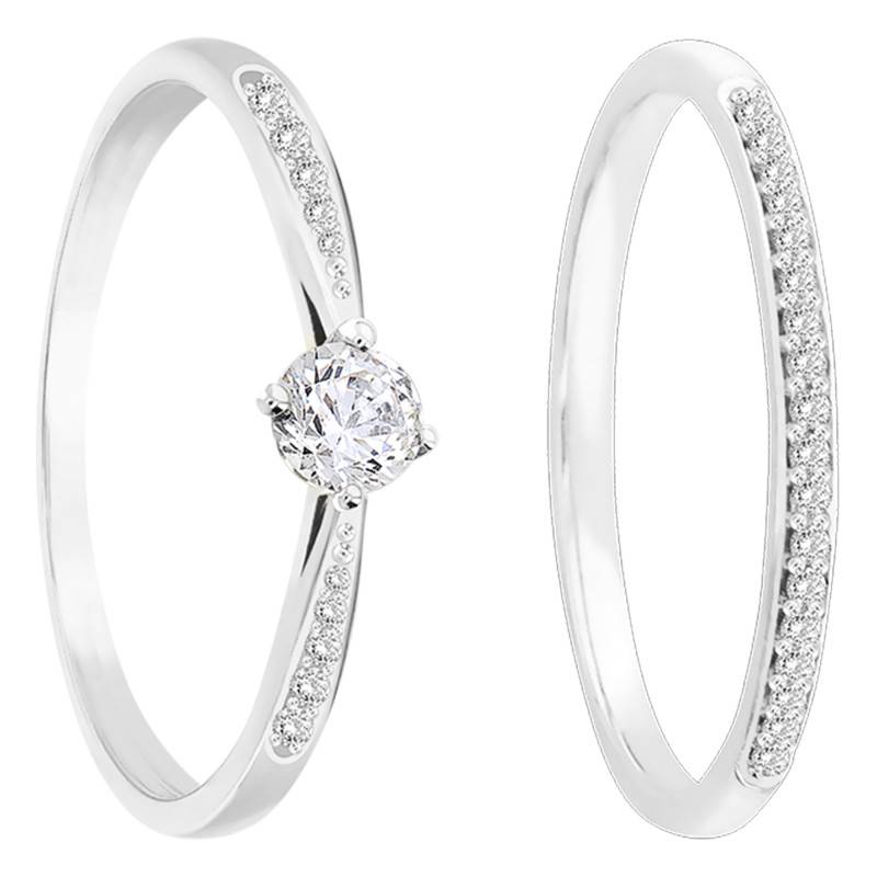 Diamond 375 White Gold Solitaire Companion Duo Engagement Rings - Orphée