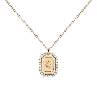 Collier Zodiaque Octogonal Lion en Argent Plaqué Or & Zircons Blancs, Longueur 40 à 50 cm - Pdpaola
