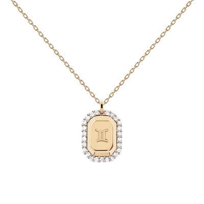 Collier Zodiaque Octogonal Gémeaux en Argent Plaqué Or & Zircons Blancs, Longueur 40 à 50 cm - Pdpaola
