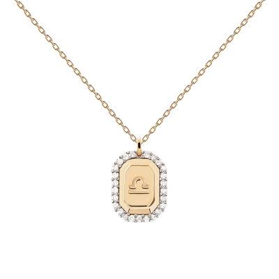 Collier Zodiaque Octogonal Balance en Argent Plaqué Or & Zircons Blancs, Longueur 40 à 50 cm - Pdpaola