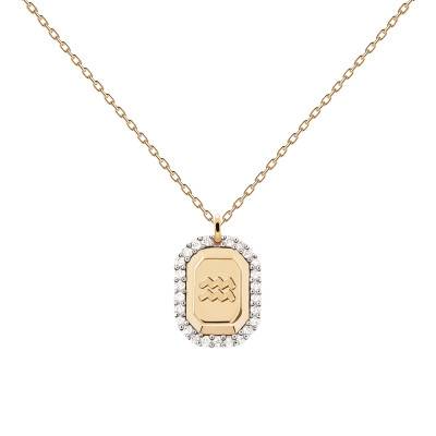 Collier Zodiaque Octogonal Verseau en Argent Plaqué Or & Zircons Blancs, Longueur 40 à 50 cm - Pdpaola