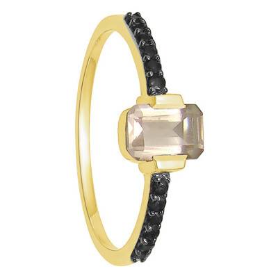 Yellow Gold 375/1000 or 750/1000 Accompanied Solitaire Ring with Black Diamonds and Rose Quartz - Kundan
