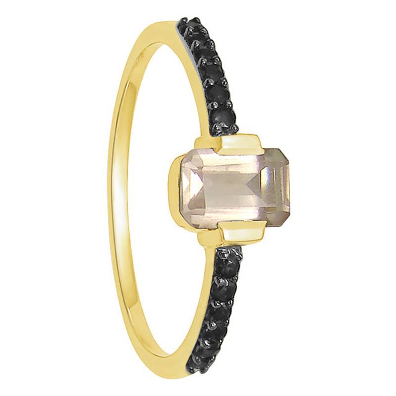 Yellow Gold 375/1000 or 750/1000 Accompanied Solitaire Ring with Black Diamonds and Rose Quartz - Kundan