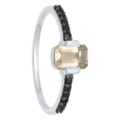 Bague Accompagnée, Or blanc, quartz rose & diamants noirs - Kundan