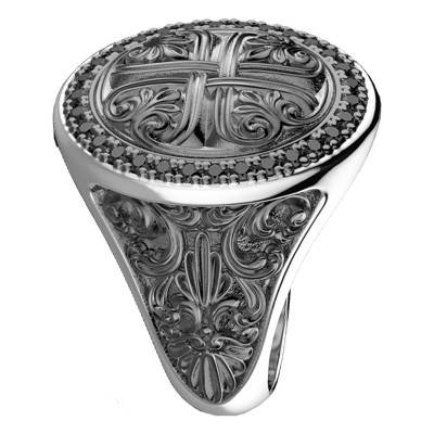 925 Rhodium-Plated Silver Black Spinels Gotik Greek Cross Signet Ring - 925 EXA150 - Zancan