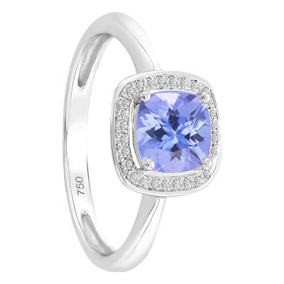 Bague, Or Blanc 750, Tanzanite Coussin & Diamants - Bloomingstone