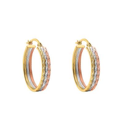 Boucles d'oreilles créoles 3 Ors 375, fils carrés striés, Diamètre 22 mm - Emanessence