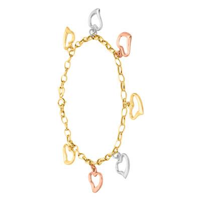 3-Color 375 Gold Heart Charms Bracelet, Length 18 cm, Width 3 mm - Emanessence
