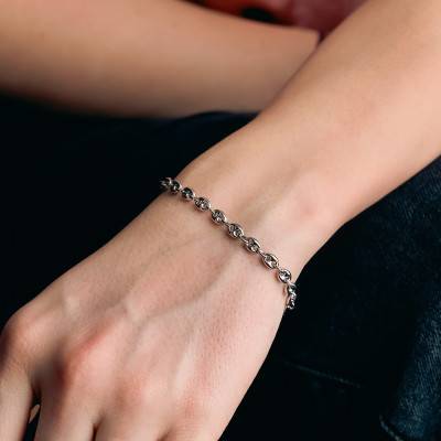 18K White Gold Hollow Coffee Bean Chain Bracelet, 19 cm Length, 3.50 mm and 5 mm Width - Manillon
