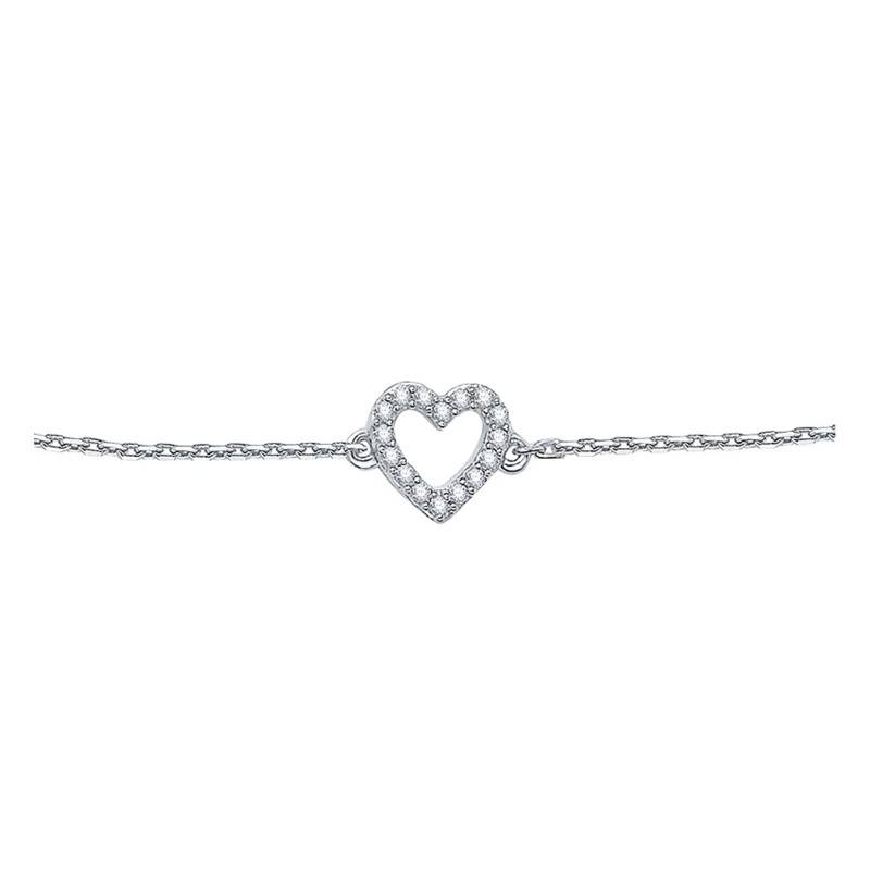 Bracelet Coeur en Or Blanc & Diamants 0,04 ct, Longueur de 16 cm à 18 cm - Emanessence