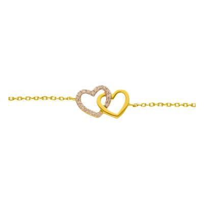 Bracelet Coeurs Double en Or Jaune 375 & Diamants 0,06 ct, Longueur 18 cm, Largeur 0,50 mm et 1,35 mm - Emanessence