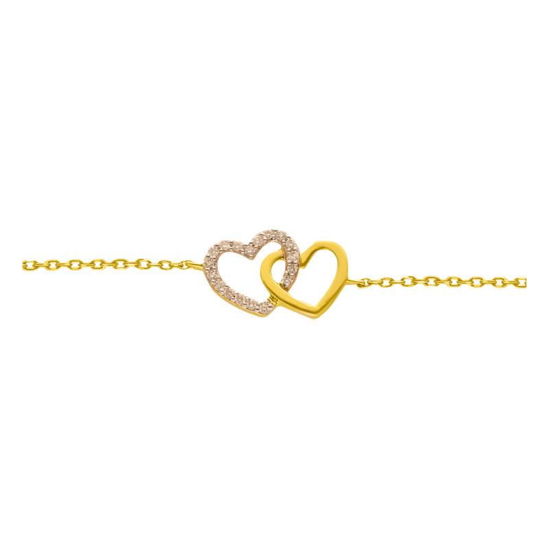 Bracelet Coeurs Double en Or Jaune 375 & Diamants 0,06 ct, Longueur 18 cm, Largeur 0,50 mm et 1,35 mm - Emanessence