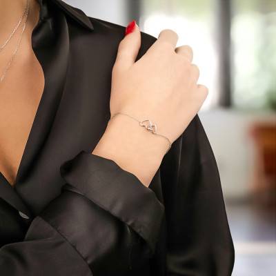 925 Silver Double Intertwined Hearts Bracelet, Length 18 cm - Naïades