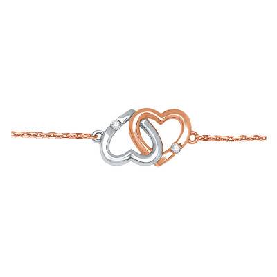 Two-Tone Gold 375 or 750 Interlaced Hearts & Diamond Bracelet, Length 16 cm to 18 cm, Width 1.50 mm - Emanessence