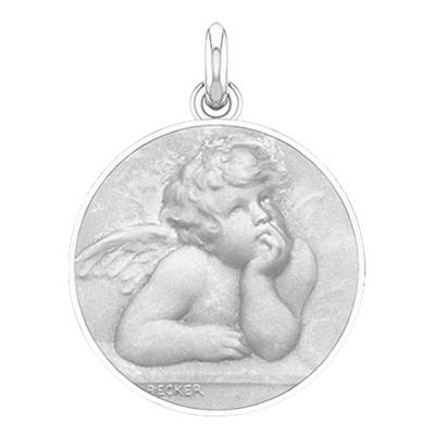 Médaille Ange Raphaël Bord Poli Or Blanc 750, Diamètre 16 ou 19 mm - Becker