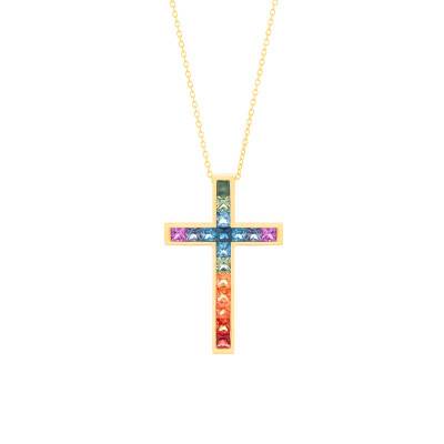 Collier Croix Saphirs Multicolores 2 ct en Or Jaune 750, Longueur 42 cm - Aurora