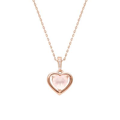 Collier Coeur en Or Rose 375, Quartz Rose & Diamants 0,01 ct, Longueur 45 cm - Aurora