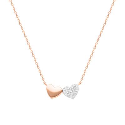 Collier Coeurs Double en Or Bicolore 375 & Diamants 0,08 ct, 13,55 x 5,40 mm, Longueur 45 cm - Aurora