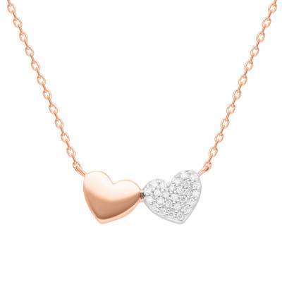 Collier Coeurs Double en Or Bicolore 375 & Diamants 0,08 ct, 13,55 x 5,40 mm, Longueur 45 cm - Aurora