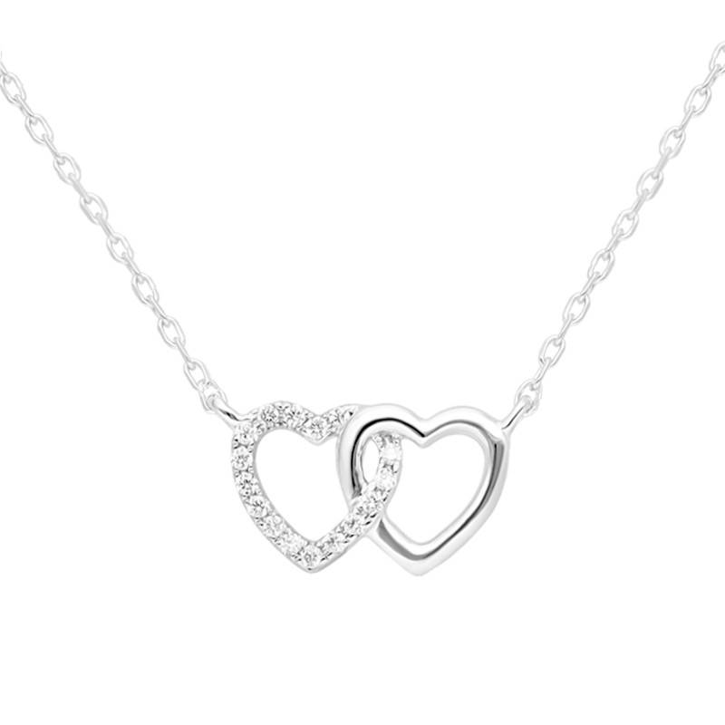 Collier Coeurs Enlacés en Or Blanc 375 & Diamants 0,06 ct, Longueur 45 cm - Emanessence