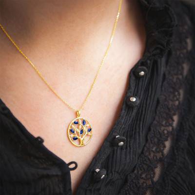 Yellow 375 or 750/1000 Gold Tree Pendant with Diamonds & Sapphires, 20 mm Diameter - Aurora