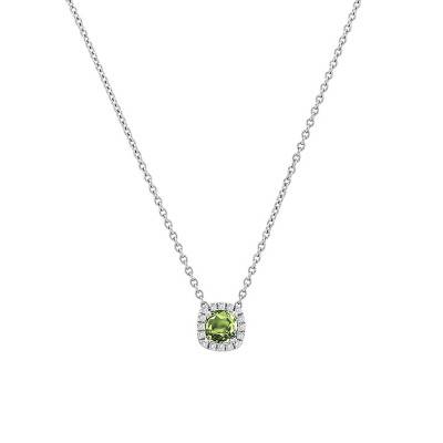 750 White Gold, Cushion Peridot & Diamond Halo Necklace 0.05 ct, Length 42 cm to 45 cm - Aurora