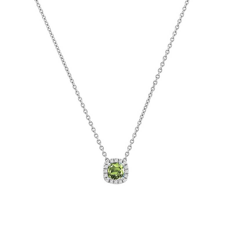 750 White Gold, Cushion Peridot & Diamond Halo Necklace 0.05 ct, Length 42 cm to 45 cm - Aurora