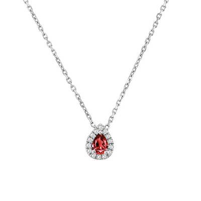 Collier Poire Grenat et Halo de Diamants, Or Blanc 750, 42 cm à 45 cm - Aurora