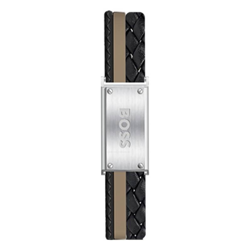 Boss Galen Two-Tone Leather Steel Bracelet, Length 18 cm to 19.5 cm - 1580423 - Boss