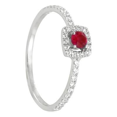 750 White Gold Ruby 0.16ct and Diamond Halo Solitaire Ring - Diamond Lady