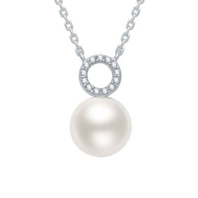Collier, Or Blanc 375, Perle & Diamants, Longueur 45 cm - Aurora