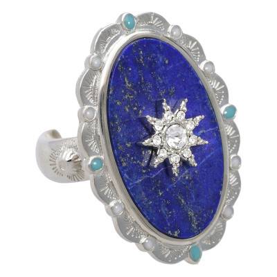 Bague Ouverte Nuria Argentée Imitation Lapis Lazuli & Pierres - Hipanema