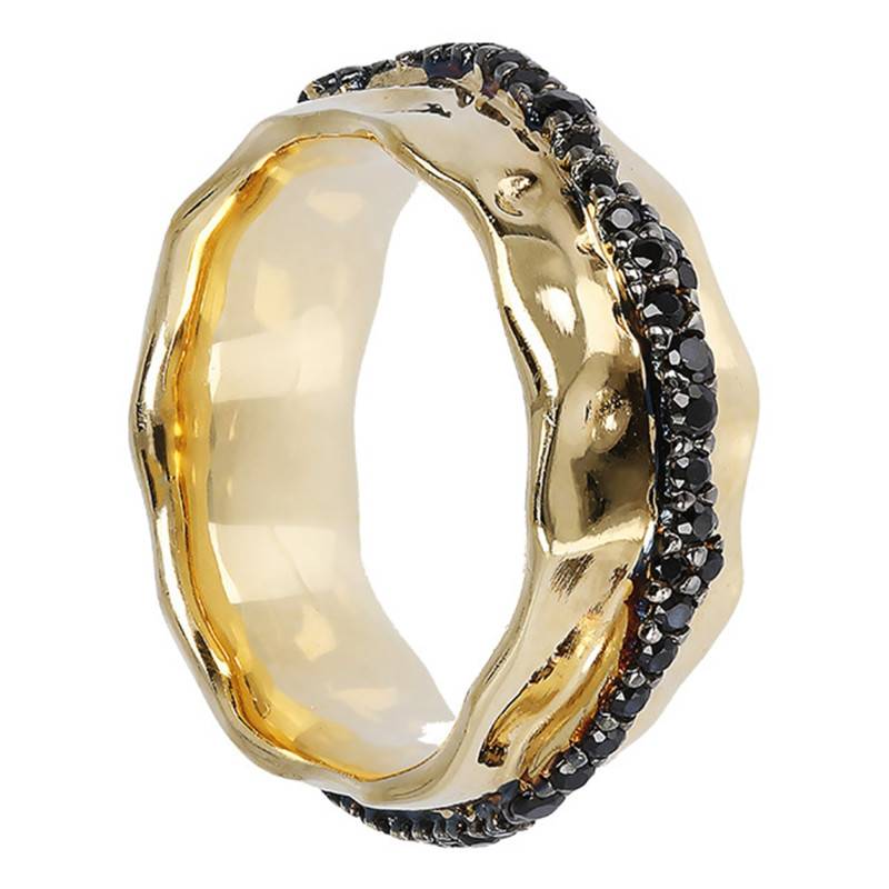 Yellow 18K Gold-Plated Hammered Black Spinel Rim Ring - Etrusca Gioielli