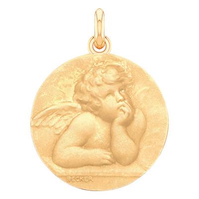 750/1000 Yellow Gold Pensive Angel Raphael Medal, Diameter 15 mm to 22 mm - Becker