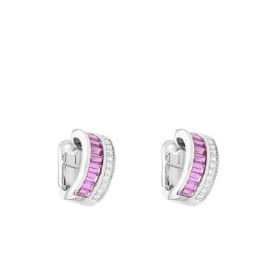 18K White Gold, 0.22 ct Diamond & 1.55 ct Pink Sapphire Hoop Earrings, Diameter 9.3 mm - Aurora
